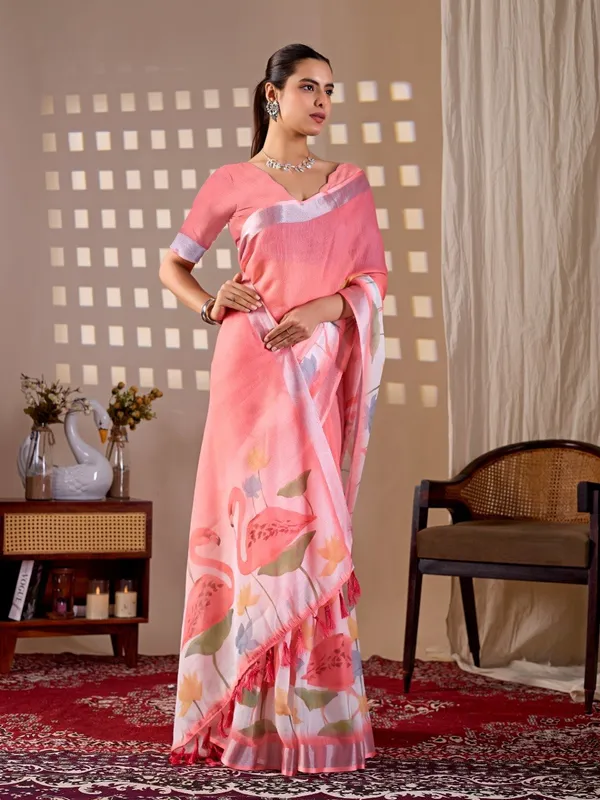 Peach_And_Pink_Linen_Cotton_Flamingo_Floral_Printed_Saree_For_Women