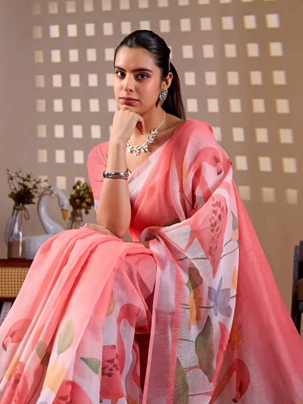 Peach_And_Pink_Linen_Cotton_Flamingo_Floral_Printed_Saree_For_Women