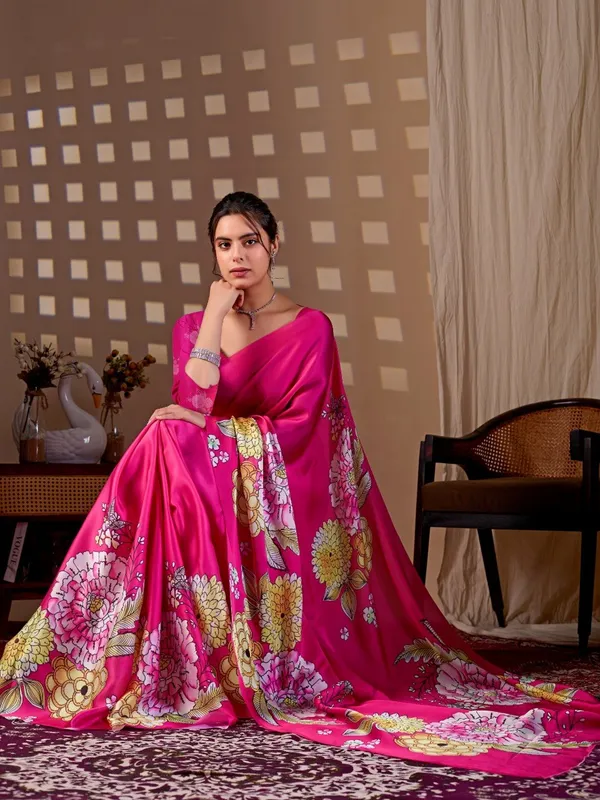 Rani_Pink_Satin_Georgette_Floral_Digital_Printed_Saree_For_Women