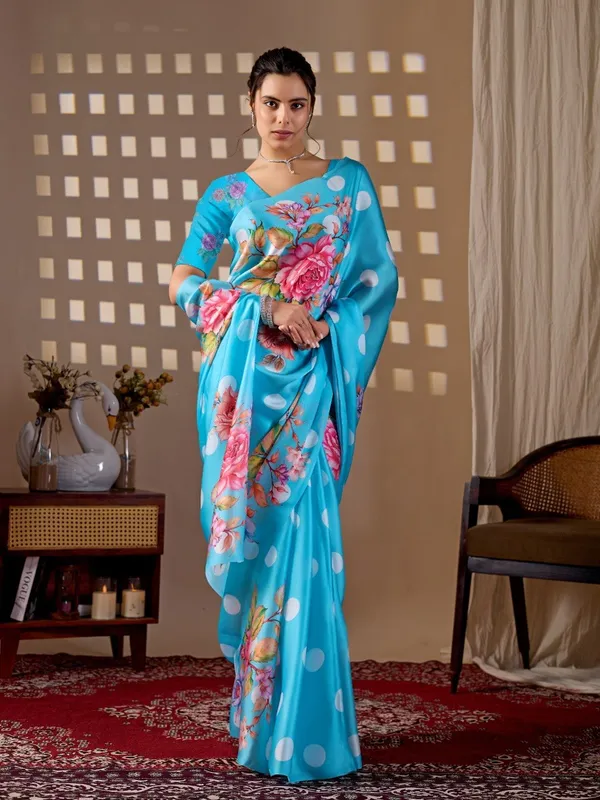 Sky_Blue_Satin_Georgette_Floral_Polka_Dot_Printed_Saree_For_Women