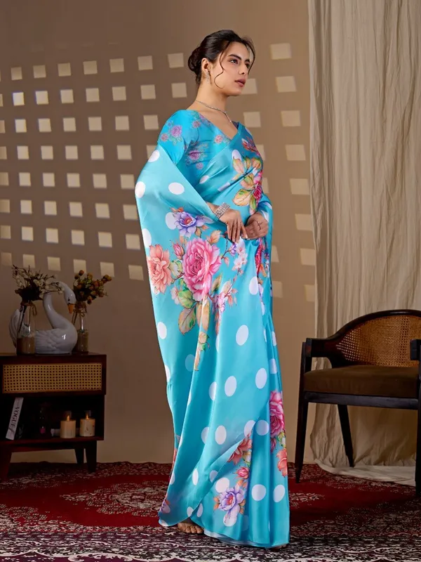 Sky_Blue_Satin_Georgette_Floral_Polka_Dot_Printed_Saree_For_Women