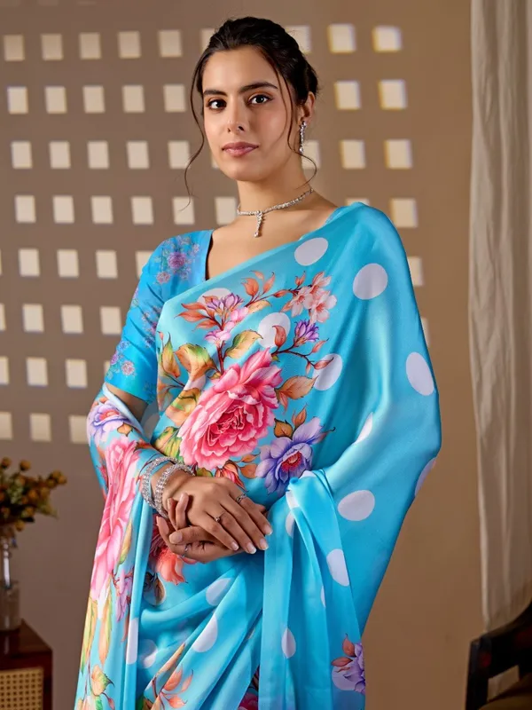 Sky_Blue_Satin_Georgette_Floral_Polka_Dot_Printed_Saree_For_Women