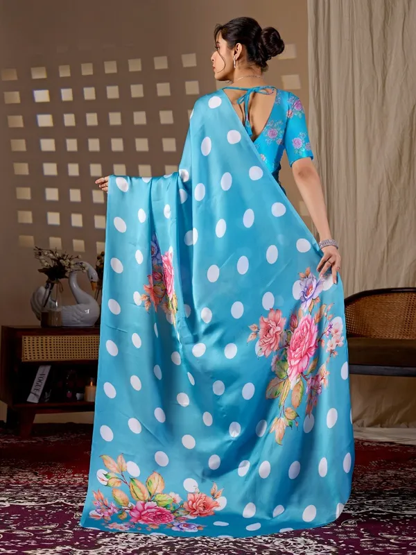 Sky_Blue_Satin_Georgette_Floral_Polka_Dot_Printed_Saree_For_Women