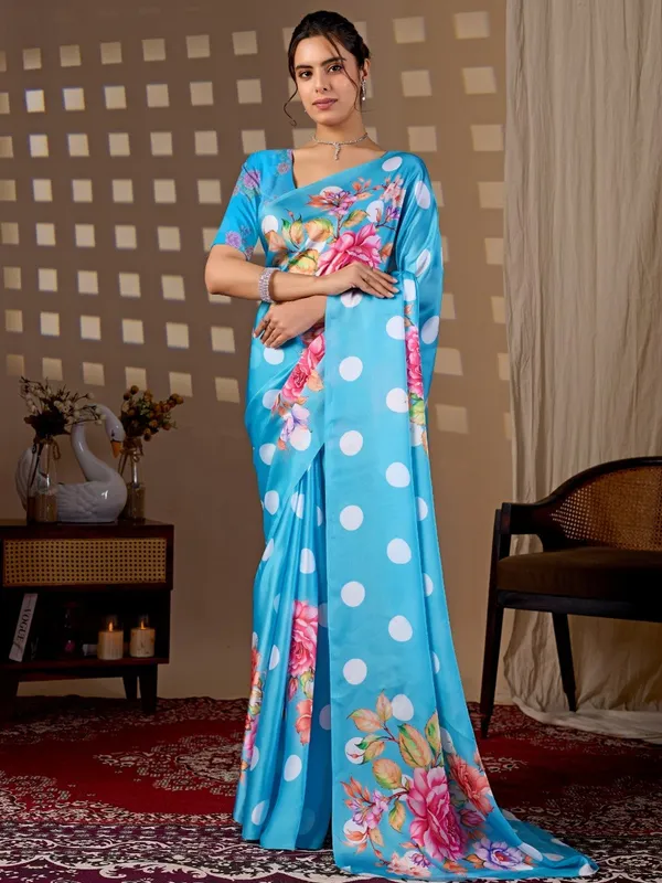 Sky_Blue_Satin_Georgette_Floral_Polka_Dot_Printed_Saree_For_Women