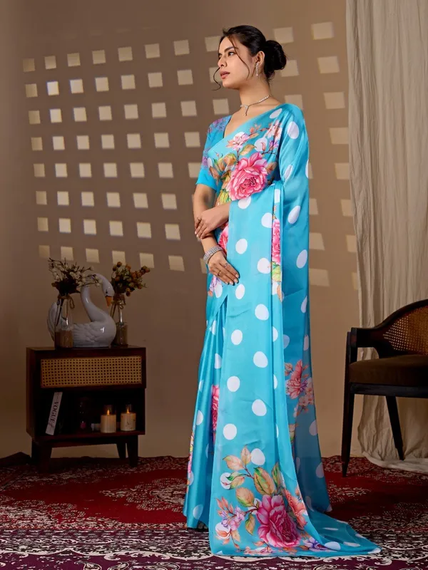 Sky_Blue_Satin_Georgette_Floral_Polka_Dot_Printed_Saree_For_Women