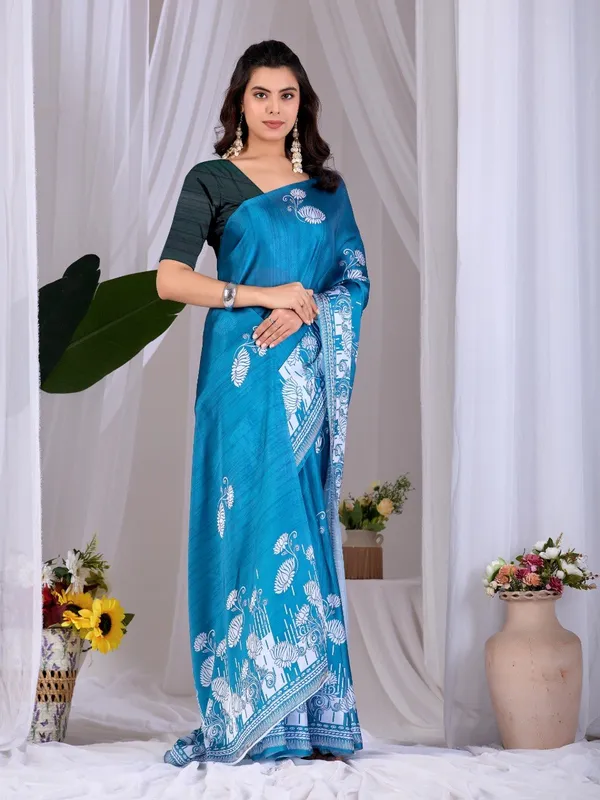 Teal_Blue_Satin_Georgette_Floral_Digital_Printed_Saree_For_Women