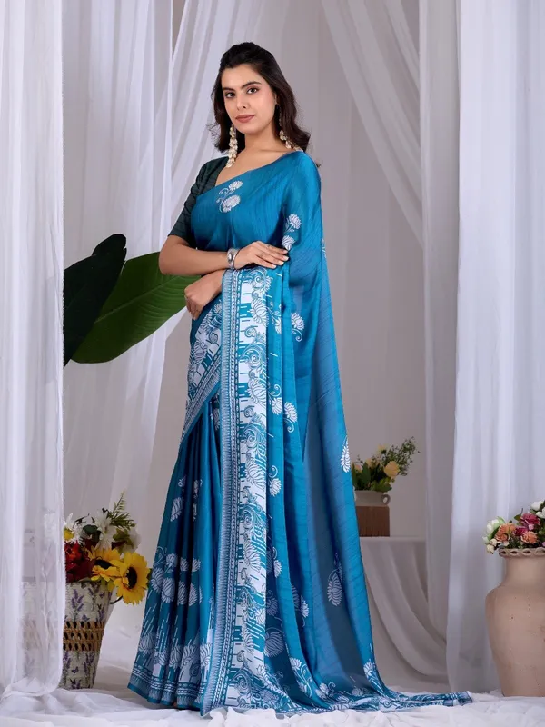 Teal_Blue_Satin_Georgette_Floral_Digital_Printed_Saree_For_Women
