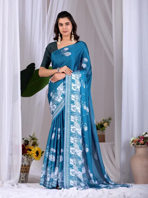 Teal_Blue_Satin_Georgette_Floral_Digital_Printed_Saree_For_Women
