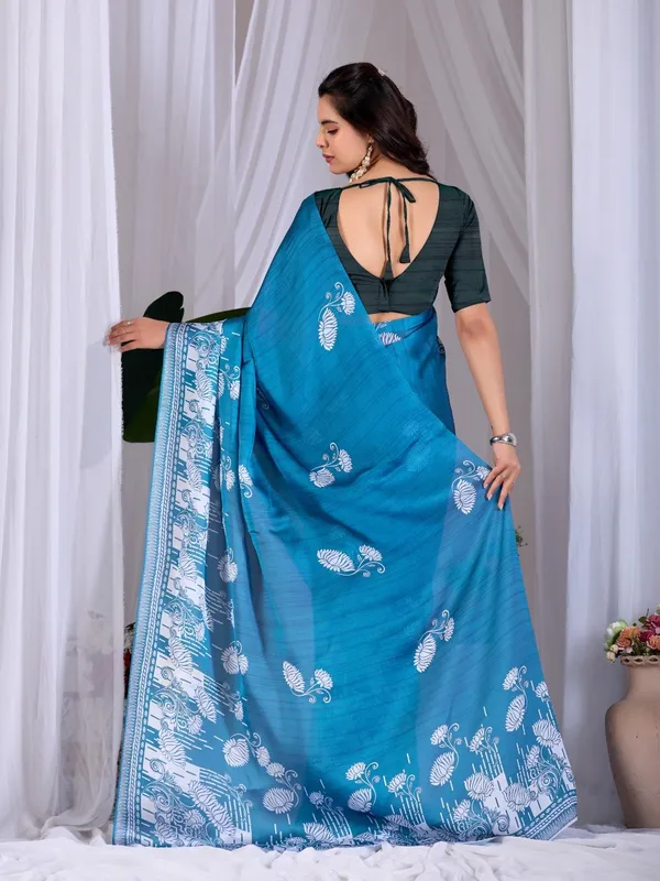 Teal_Blue_Satin_Georgette_Floral_Digital_Printed_Saree_For_Women