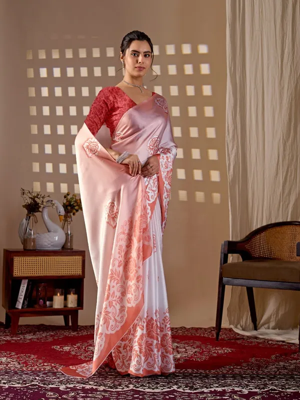 Peach_And_Red_Satin_Georgette_Floral_Digital_Printed_Saree_For_Women