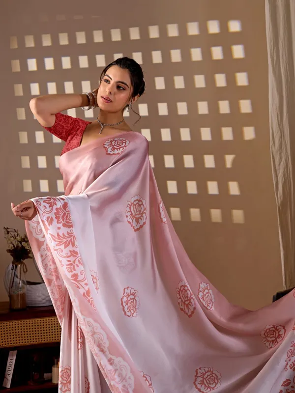 Peach_And_Red_Satin_Georgette_Floral_Digital_Printed_Saree_For_Women