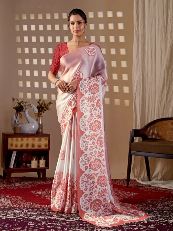 Peach_And_Red_Satin_Georgette_Floral_Digital_Printed_Saree_For_Women