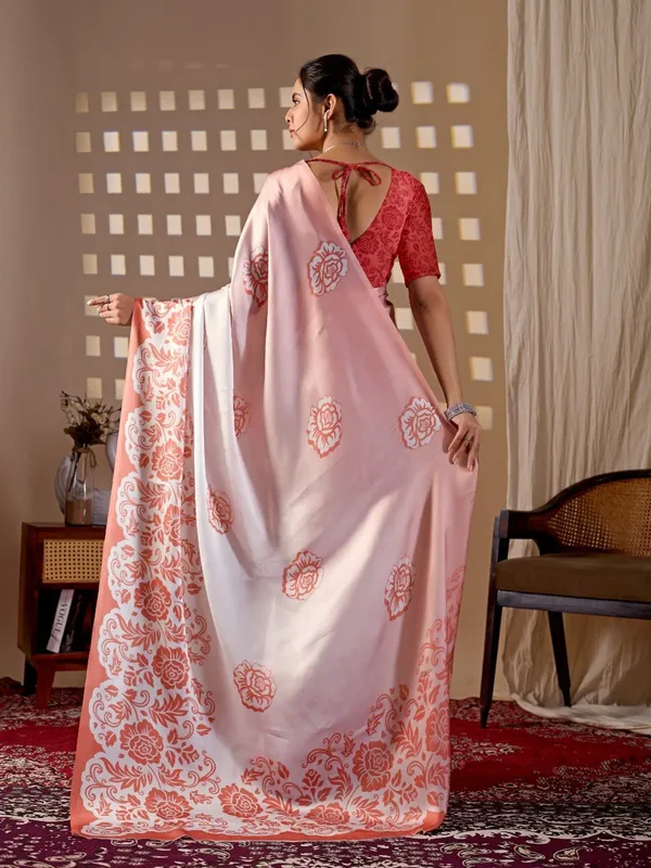 Peach_And_Red_Satin_Georgette_Floral_Digital_Printed_Saree_For_Women