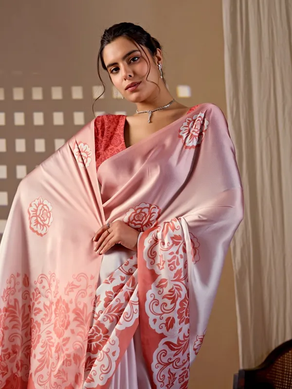 Peach_And_Red_Satin_Georgette_Floral_Digital_Printed_Saree_For_Women