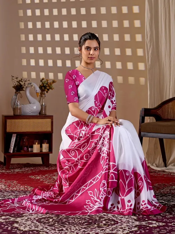 White_And_Pink_Satin_Georgette_Floral_Printed_Saree_For_Women