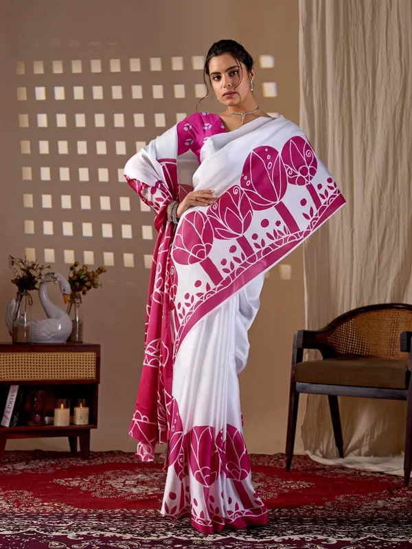White_And_Pink_Satin_Georgette_Floral_Printed_Saree_For_Women