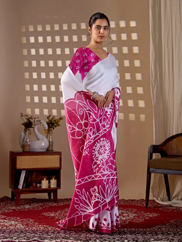 White_And_Pink_Satin_Georgette_Floral_Printed_Saree_For_Women