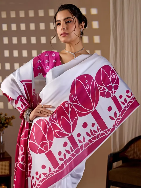 White_And_Pink_Satin_Georgette_Floral_Printed_Saree_For_Women