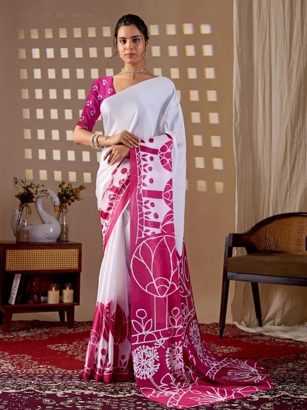 White_And_Pink_Satin_Georgette_Floral_Printed_Saree_For_Women