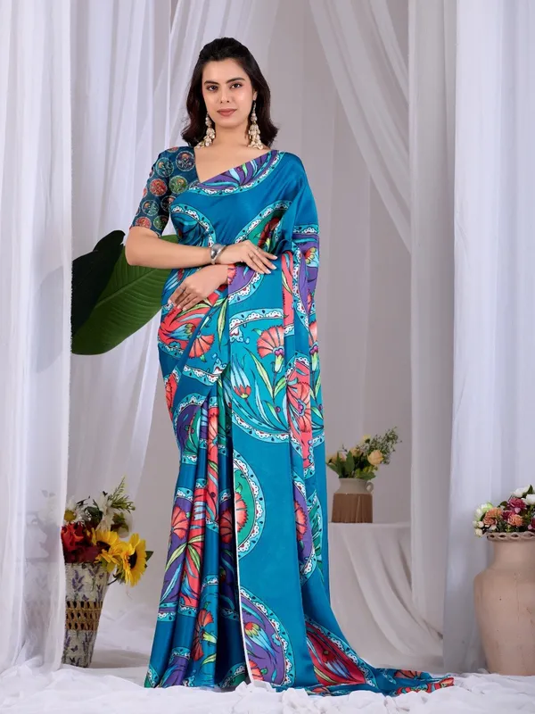 Teal_Blue_Satin_Georgette_Floral_Printed_Saree_For_Women