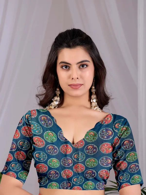 Teal_Blue_Satin_Georgette_Floral_Printed_Saree_For_Women