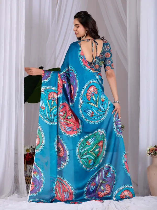 Teal_Blue_Satin_Georgette_Floral_Printed_Saree_For_Women