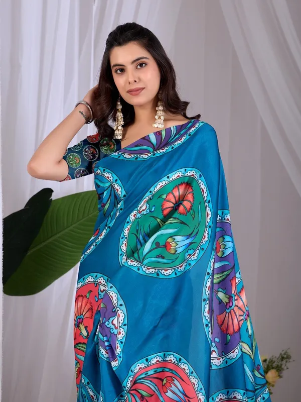Teal_Blue_Satin_Georgette_Floral_Printed_Saree_For_Women