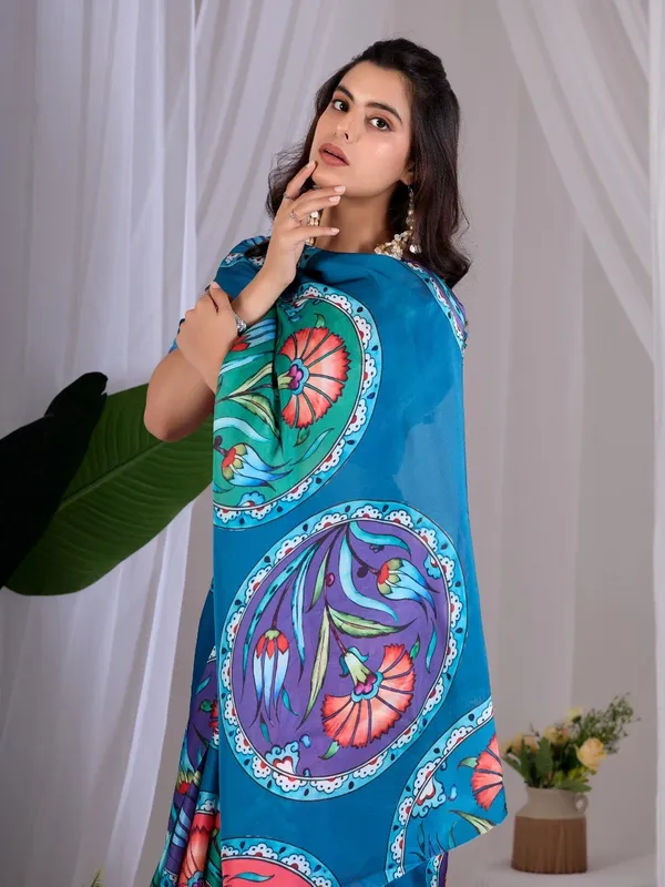 Teal_Blue_Satin_Georgette_Floral_Printed_Saree_For_Women