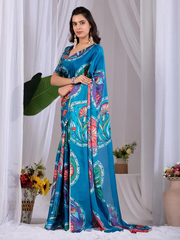 Teal_Blue_Satin_Georgette_Floral_Printed_Saree_For_Women