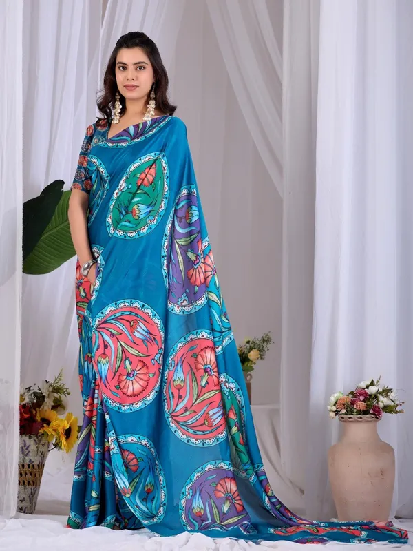 Teal_Blue_Satin_Georgette_Floral_Printed_Saree_For_Women