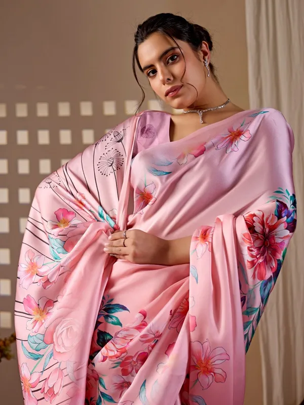 Pastel_Pink_Satin_Georgette_Floral_Digital_Printed_Saree_For_Women
