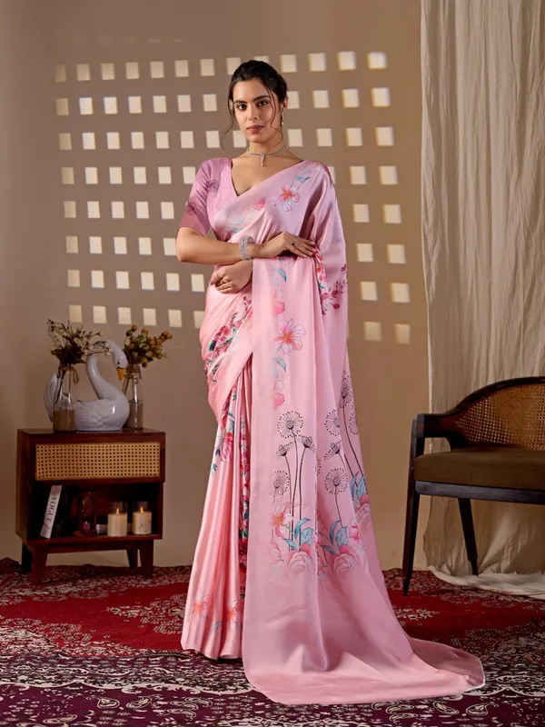 Pastel_Pink_Satin_Georgette_Floral_Digital_Printed_Saree_For_Women