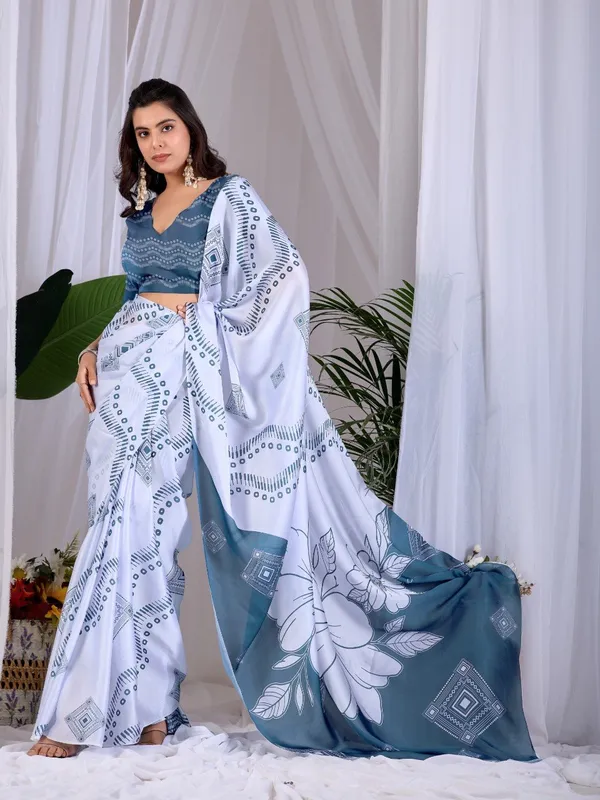 White_And_Steel_Blue_Satin_Georgette_Floral_Printed_Saree_For_Women