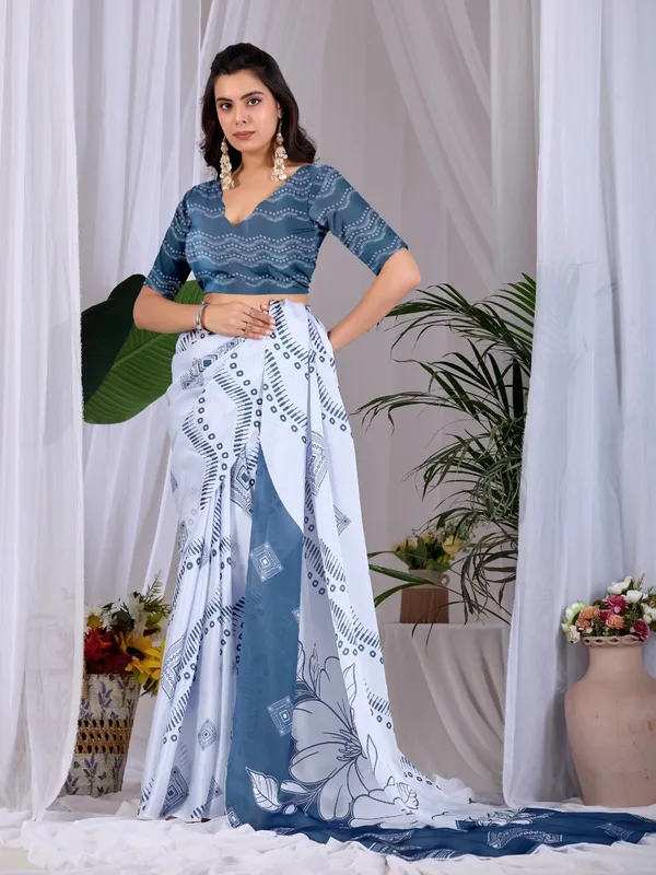 White_And_Steel_Blue_Satin_Georgette_Floral_Printed_Saree_For_Women