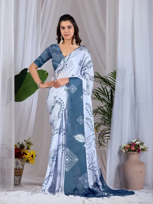 White_And_Steel_Blue_Satin_Georgette_Floral_Printed_Saree_For_Women