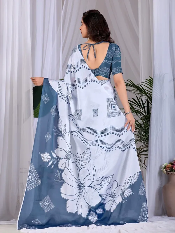 White_And_Steel_Blue_Satin_Georgette_Floral_Printed_Saree_For_Women