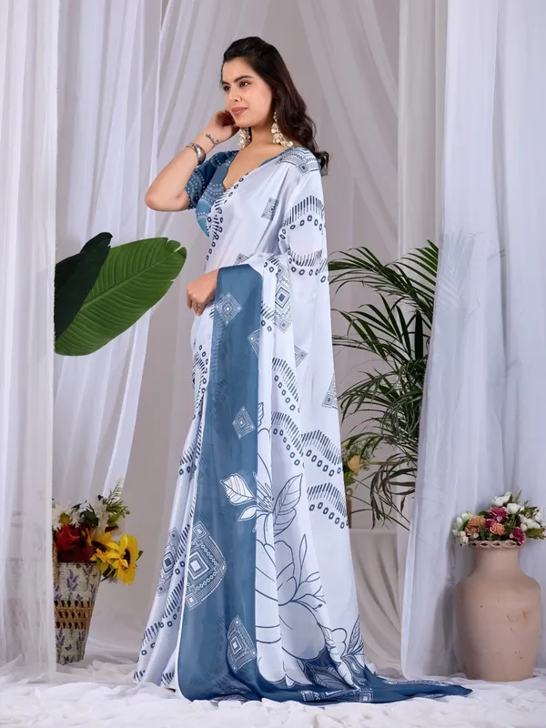 White_And_Steel_Blue_Satin_Georgette_Floral_Printed_Saree_For_Women