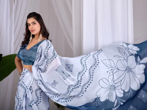 White_And_Steel_Blue_Satin_Georgette_Floral_Printed_Saree_For_Women