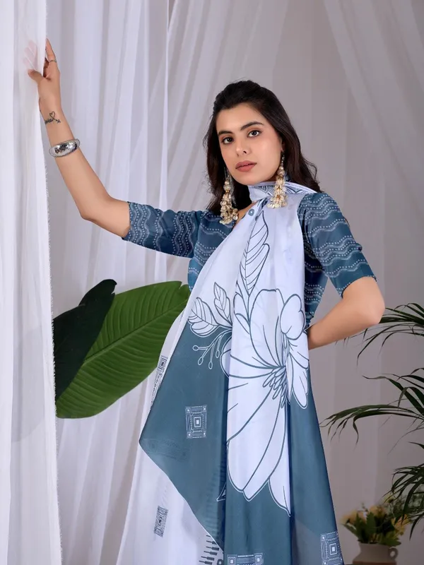 White_And_Steel_Blue_Satin_Georgette_Floral_Printed_Saree_For_Women