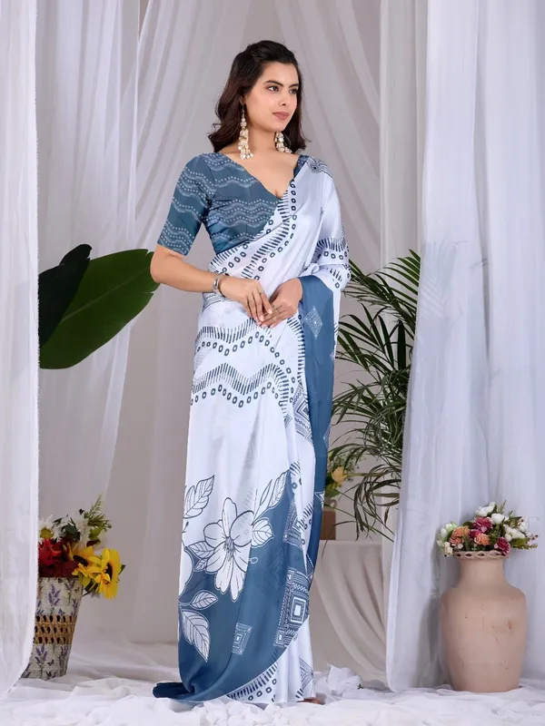 White_And_Steel_Blue_Satin_Georgette_Floral_Printed_Saree_For_Women