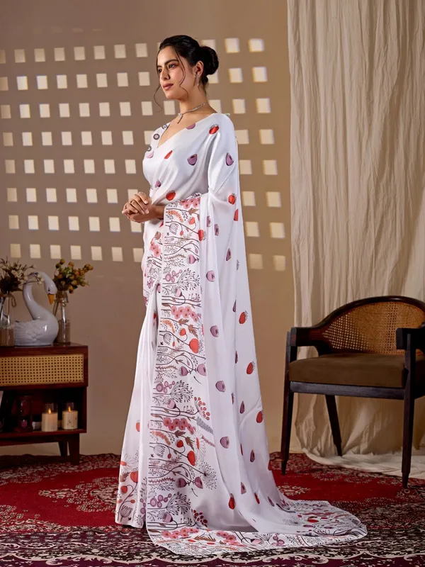 White_Satin_Georgette_Floral_Printed_Saree_For_Women