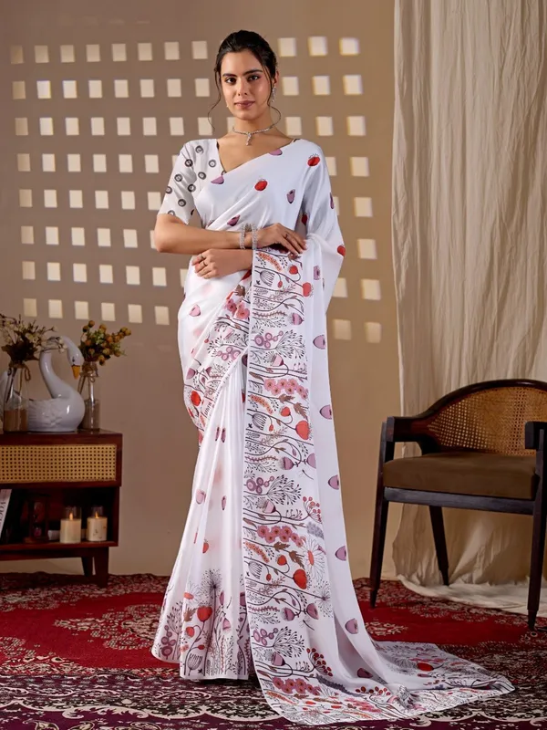 White_Satin_Georgette_Floral_Printed_Saree_For_Women