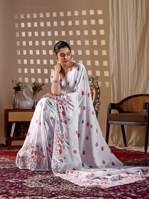 White_Satin_Georgette_Floral_Printed_Saree_For_Women