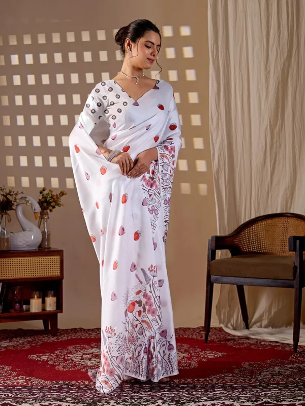 White_Satin_Georgette_Floral_Printed_Saree_For_Women
