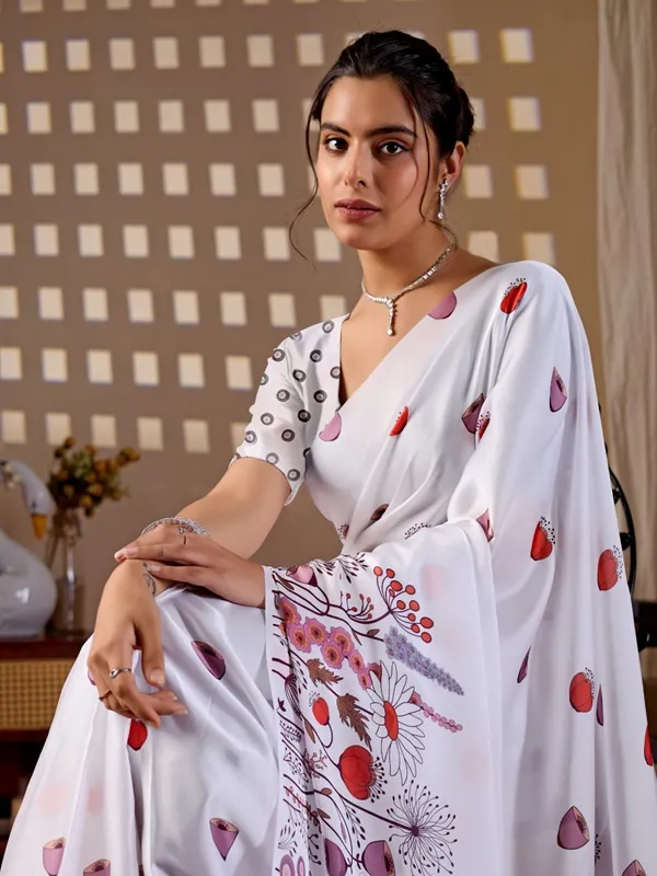 White_Satin_Georgette_Floral_Printed_Saree_For_Women
