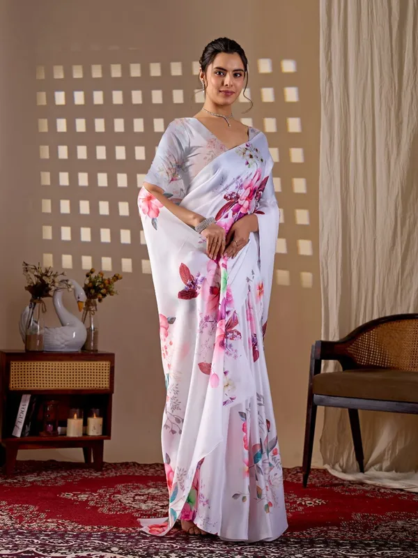 White_Satin_Georgette_Floral_Printed_Saree_For_Women