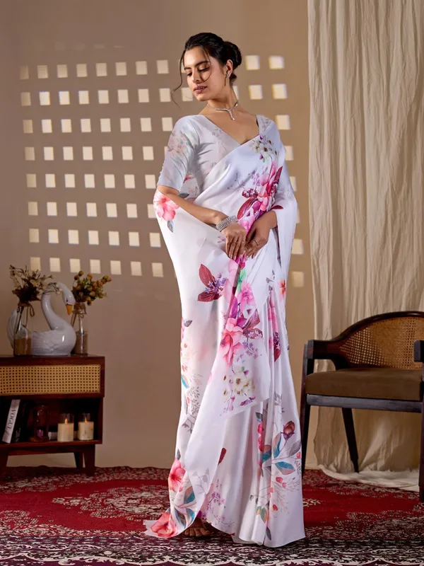 White_Satin_Georgette_Floral_Printed_Saree_For_Women