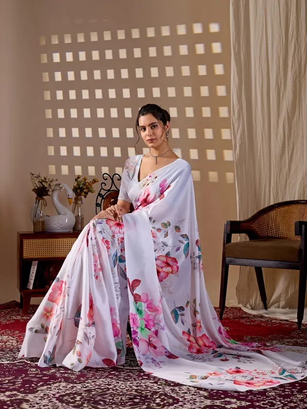 White_Satin_Georgette_Floral_Printed_Saree_For_Women