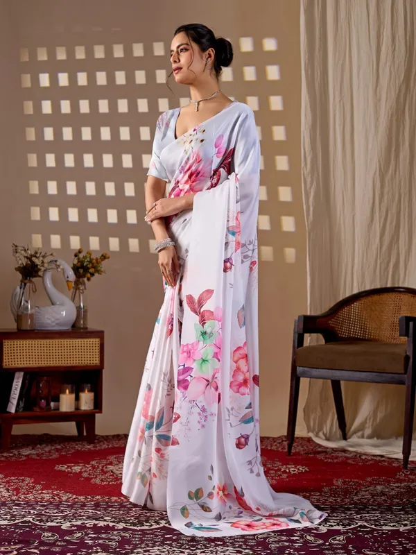 White_Satin_Georgette_Floral_Printed_Saree_For_Women