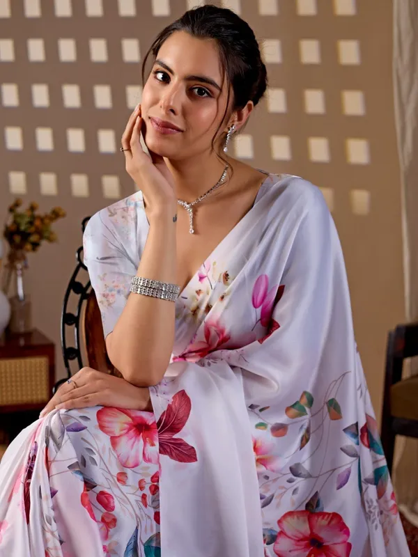White_Satin_Georgette_Floral_Printed_Saree_For_Women